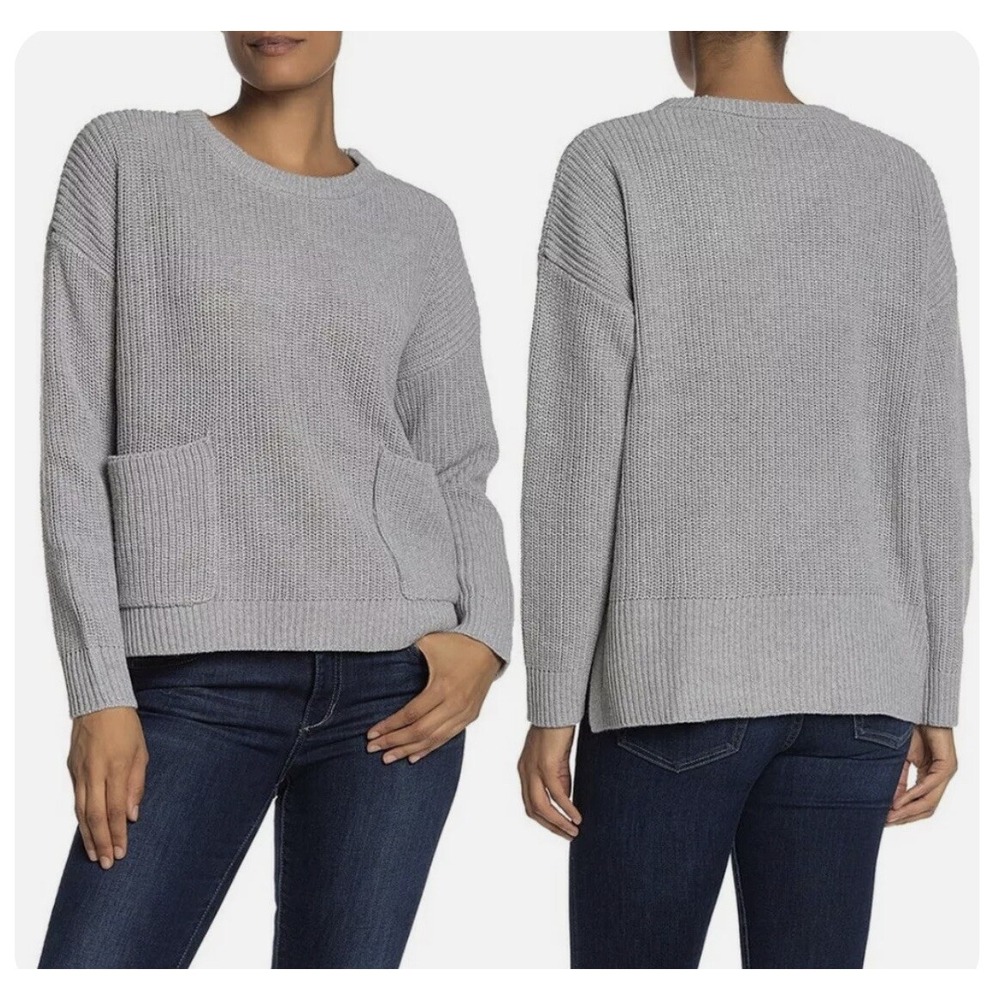 Melloday Gray Ribbed Two Front Pockets Crewneck Hi Low Hem Sweater L A004574